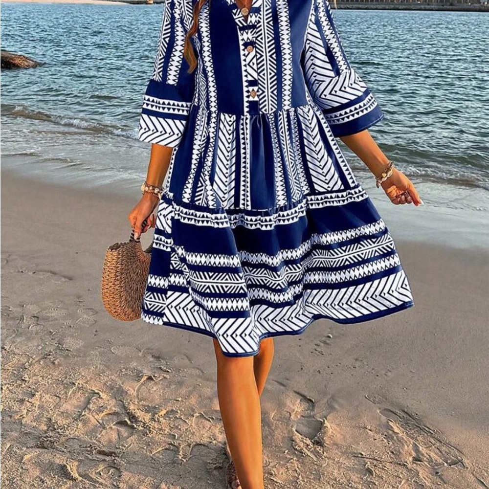 Navy and White Patterned Dress